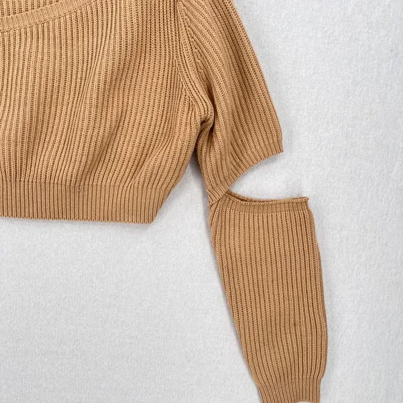 HOUSE OF CB LONDON Mila Sand Cropped Knit Sweater Womens XS Tan Cut out Crew - Picture 8 of 16